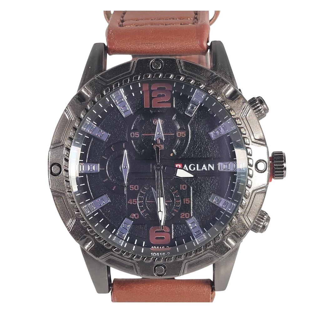 Raglan Men's Quartz Watch Black Dial Brown Band 43.9mm Case Chrono Look NEW